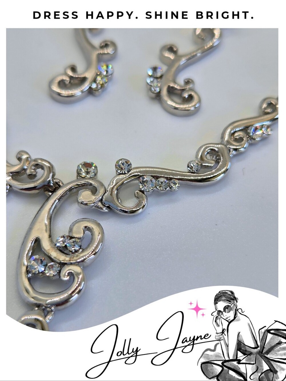 Bridal Set, Necklace & Earrings, Silver Crystal Scroll Necklace Set